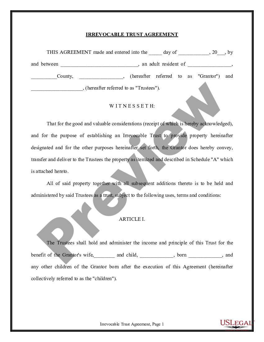 Trust Agreement Irrevocable Irrevocable Agreement US Legal Forms