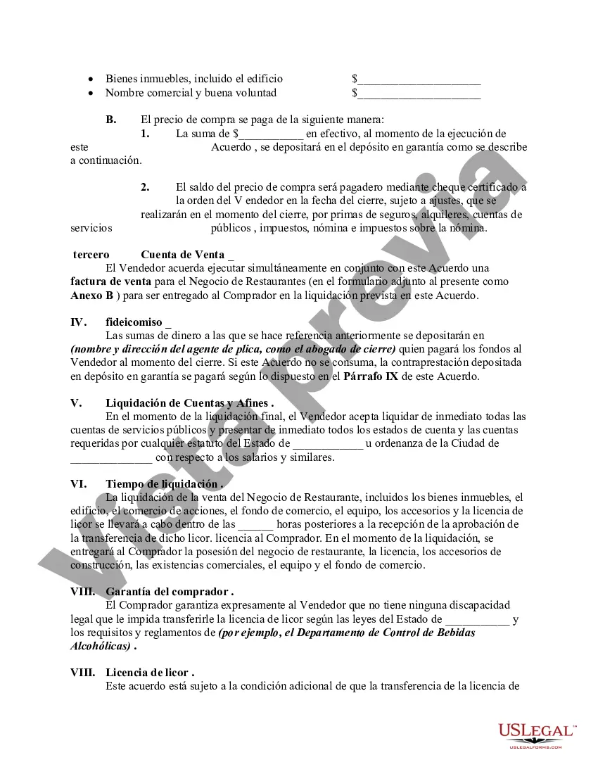 Preview Contrato de Compra y Venta de Restaurante incluyendo Negocio de Bar, Licencia de Licor y Bienes Raíces