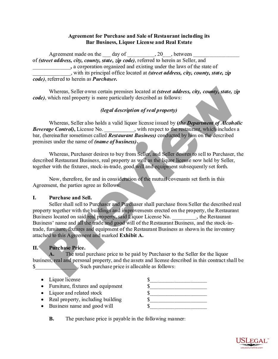 page 0 Agreement for Purchase and Sale of Restaurant including Bar Business, Liquor License and Real Estate preview
