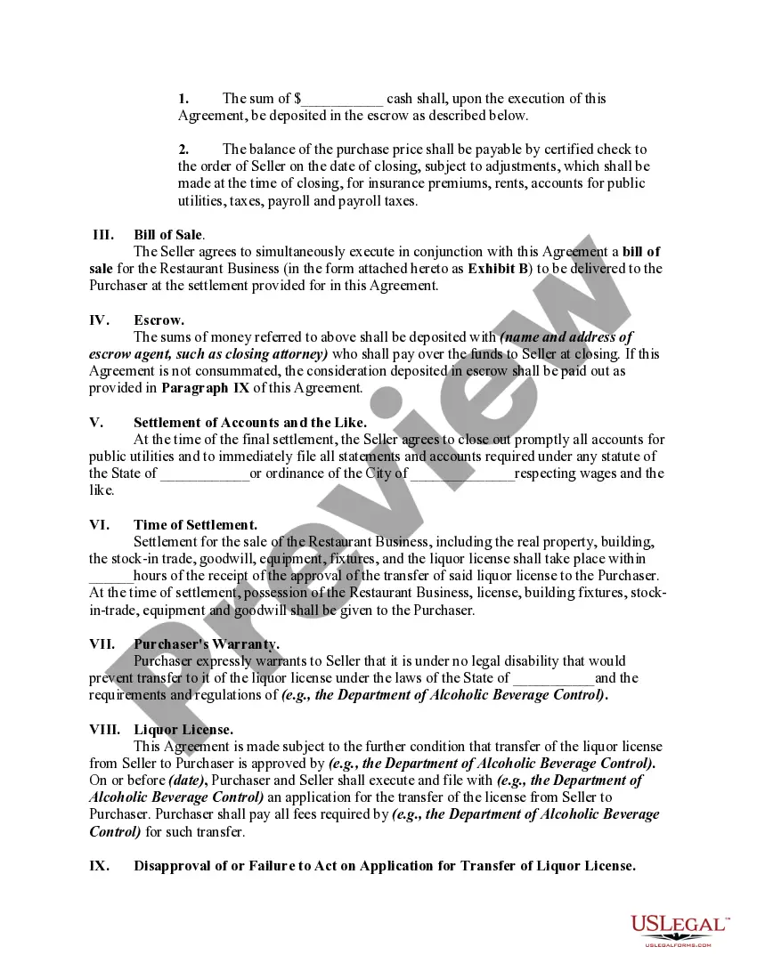 Preview Agreement for Purchase and Sale of Restaurant including Bar Business, Liquor License and Real Estate