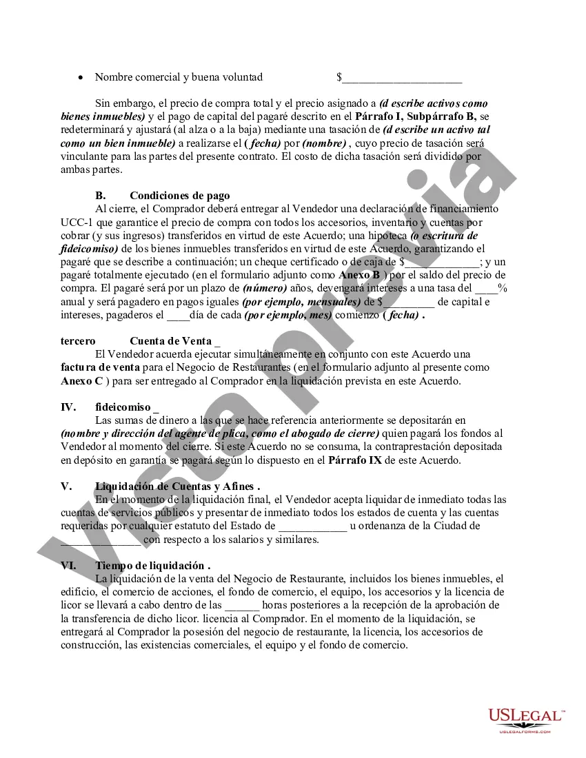 Preview Contrato de Compra y Venta de Restaurante, incluyendo Negocio de Bar, Licencia de Licor y Bienes Raíces, con Compra para Financiar Parte del Precio de Compra