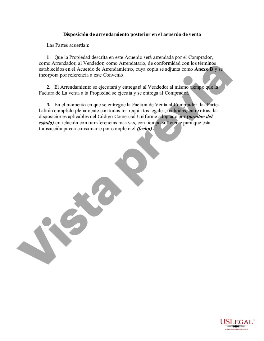 Preview Disposición de arrendamiento posterior en el acuerdo de venta