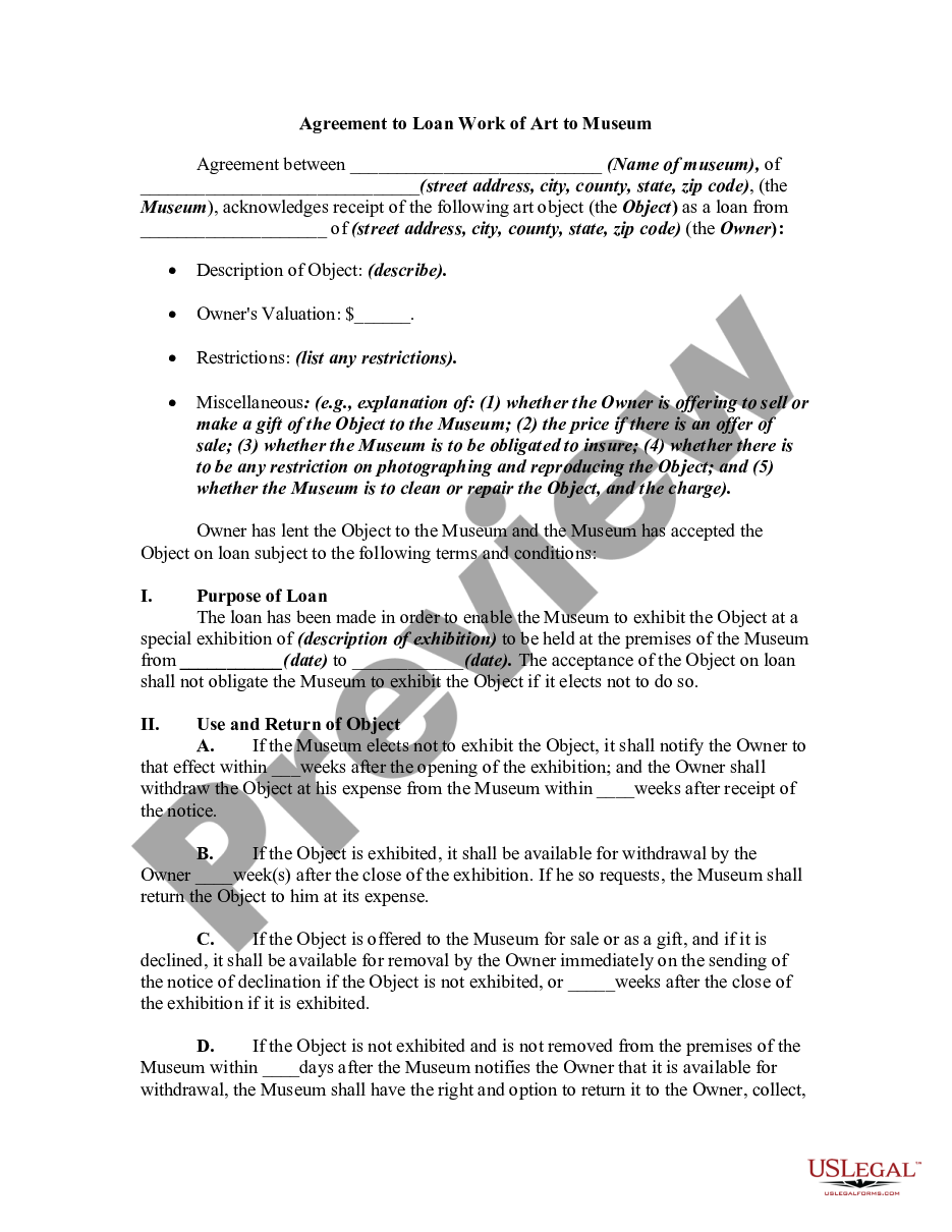 page 0 Agreement to Loan Work of Art to Museum preview