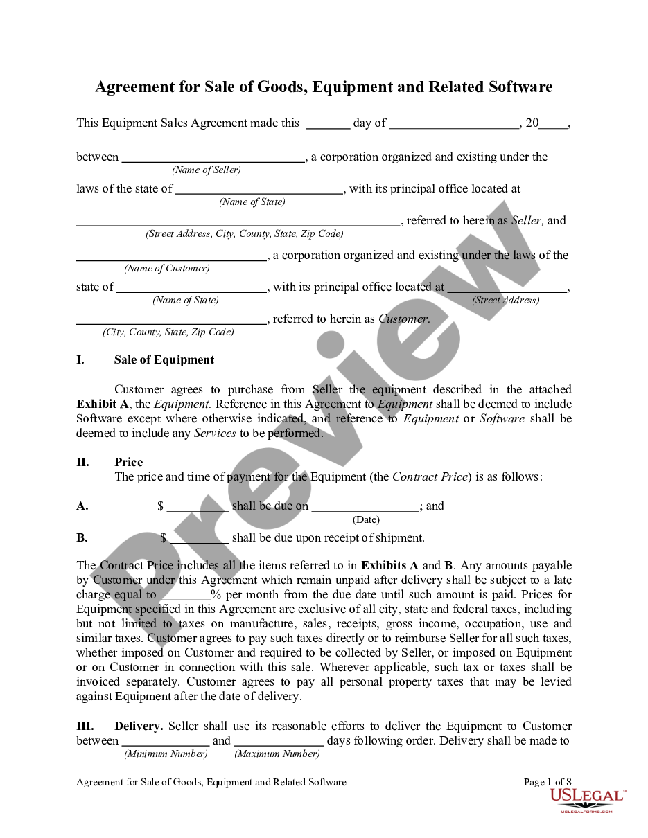 form Agreement for Sale of Goods, Equipment and Related Software preview