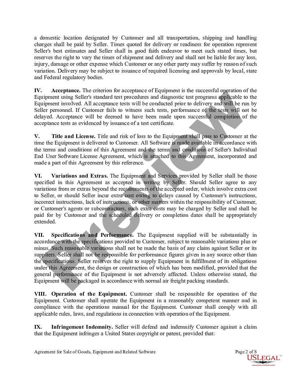 page 1 Agreement for Sale of Goods, Equipment and Related Software preview