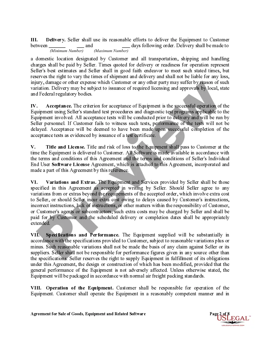 Preview Agreement for Sale of Goods, Equipment and Related Software