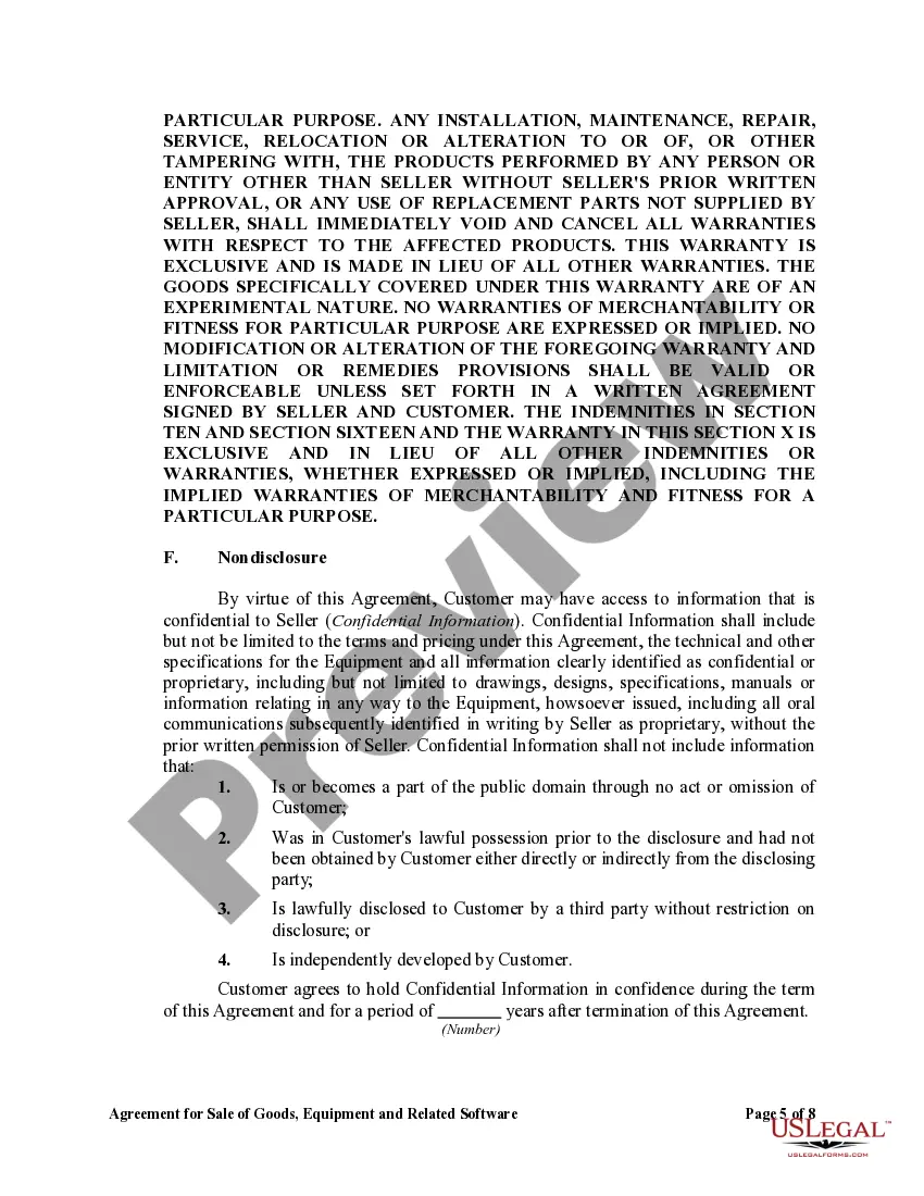 Preview Agreement for Sale of Goods, Equipment and Related Software