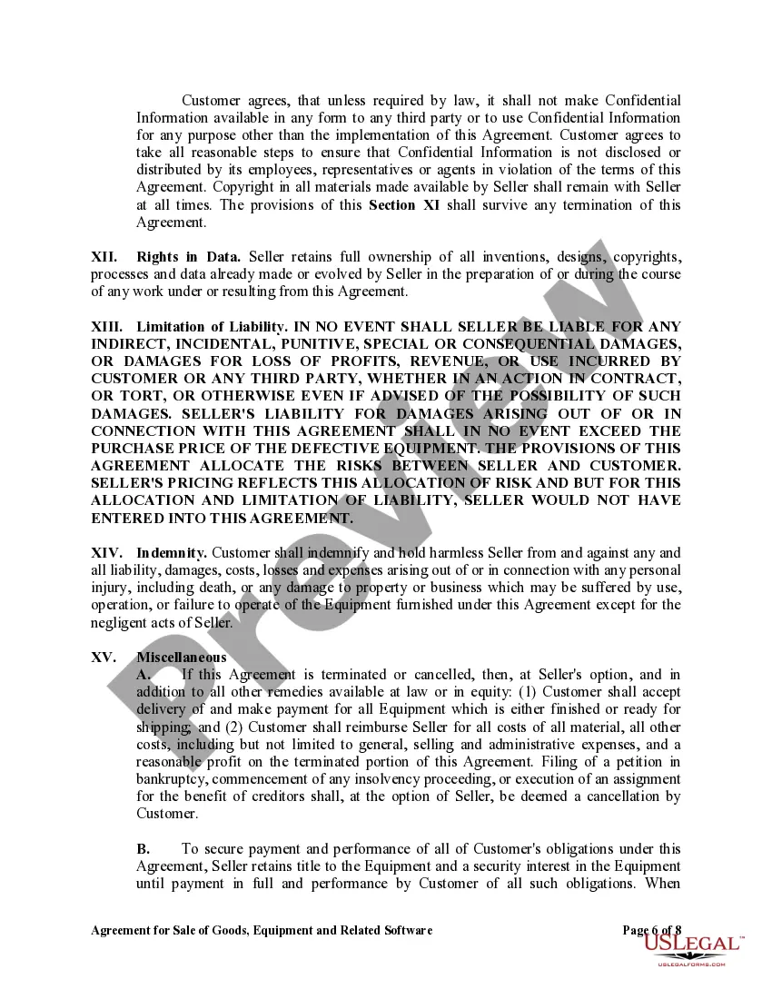 Preview Agreement for Sale of Goods, Equipment and Related Software