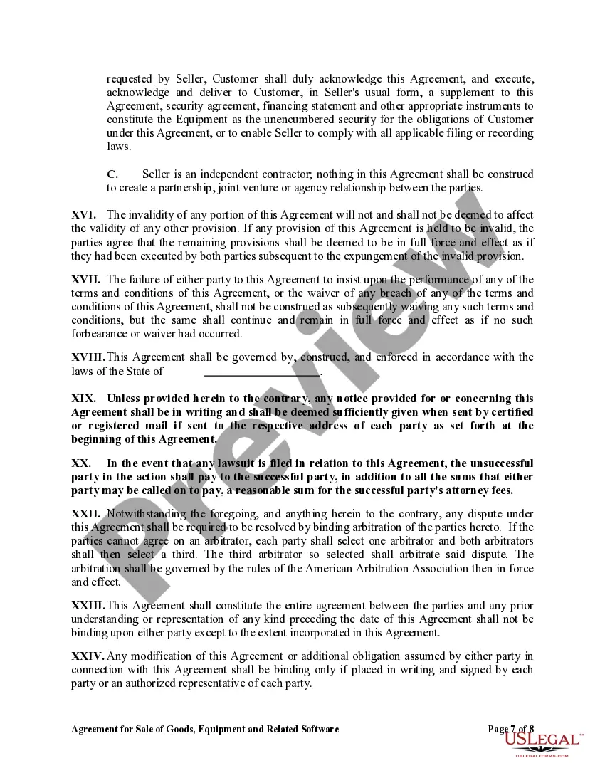 Preview Agreement for Sale of Goods, Equipment and Related Software