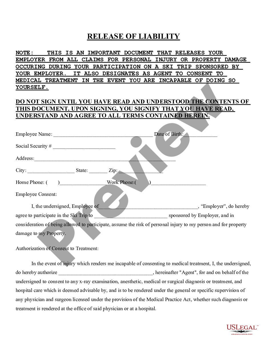 page 0 Release of Liability of Employer - Ski Trip preview