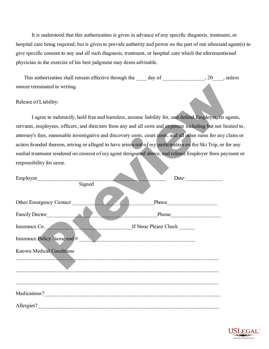 page 1 Release of Liability of Employer - Ski Trip preview