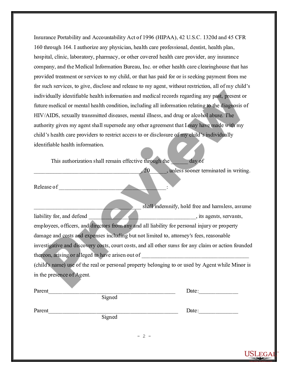 form Parental Permission, Medical Consent and Release of Liability preview