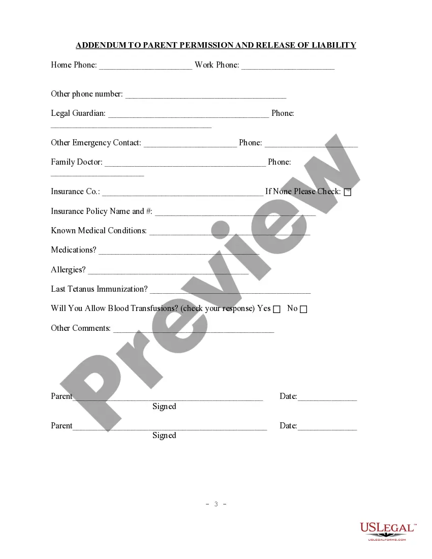 Preview Parental Permission, Medical Consent and Release of Liability
