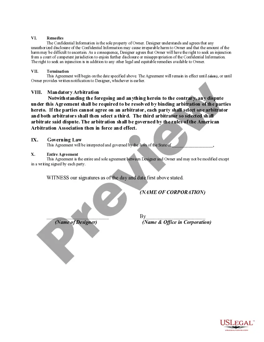 Preview Nondisclosure Agreement for Information Revealed in Connection with Design of Web Site