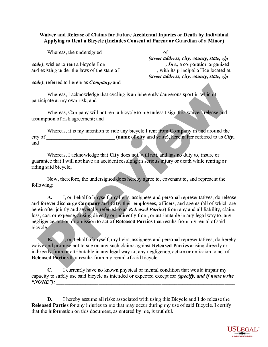 page 0 Waiver and Release of Claims for Future Accidental Injuries or Death by Individual Applying to Rent a Bicycle - Includes Consent of Parent or Guardian of a Minor preview