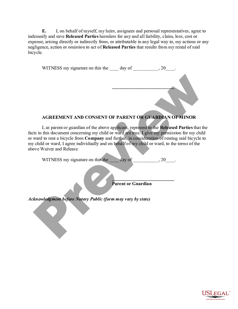 page 1 Waiver and Release of Claims for Future Accidental Injuries or Death by Individual Applying to Rent a Bicycle - Includes Consent of Parent or Guardian of a Minor preview