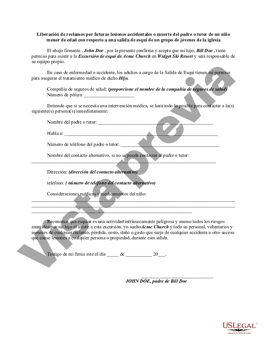 Preview Liberación de reclamos por futuras lesiones accidentales o muerte del padre o tutor de un niño menor de edad con respecto a una salida de esquí de un grupo de jóvenes de la iglesia