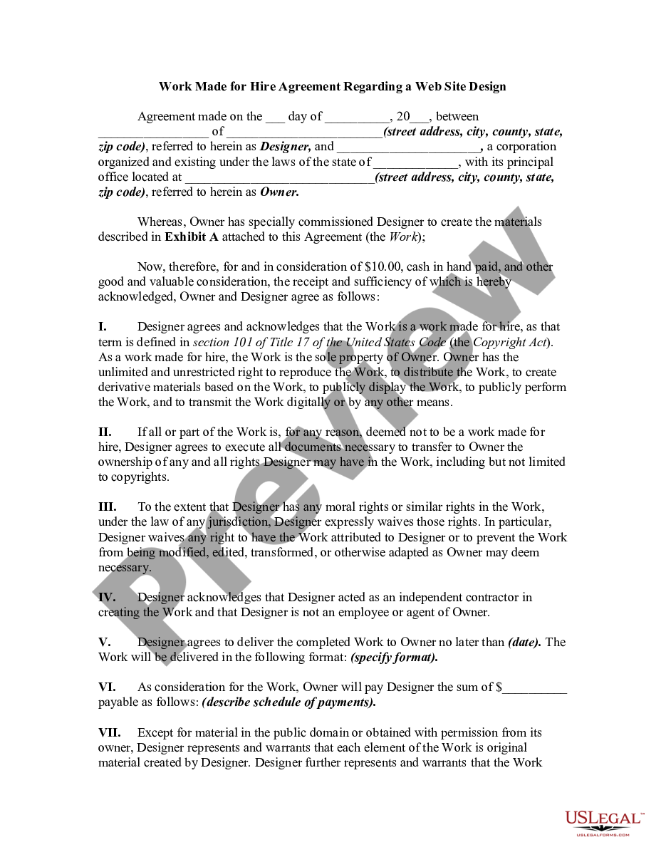 form Work Made for Hire Agreement Regarding a Web Site Design preview