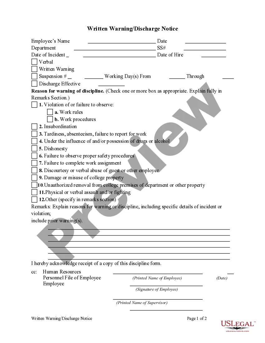 Preview Written Warning/Discharge Notice