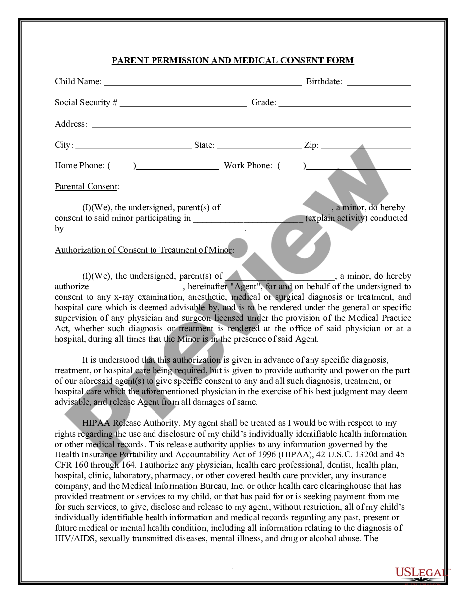 page 0 Parental Permission and Medical Consent Form preview