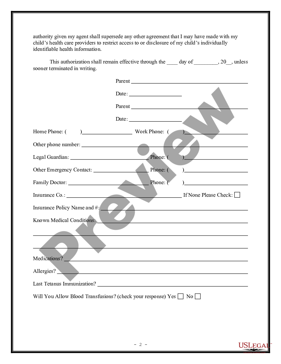 page 1 Parental Permission and Medical Consent Form preview