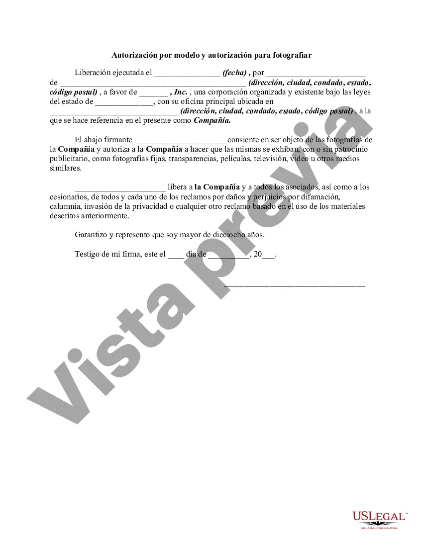 Preview Autorización de fotografía por modelo y autorización para fotografiar
