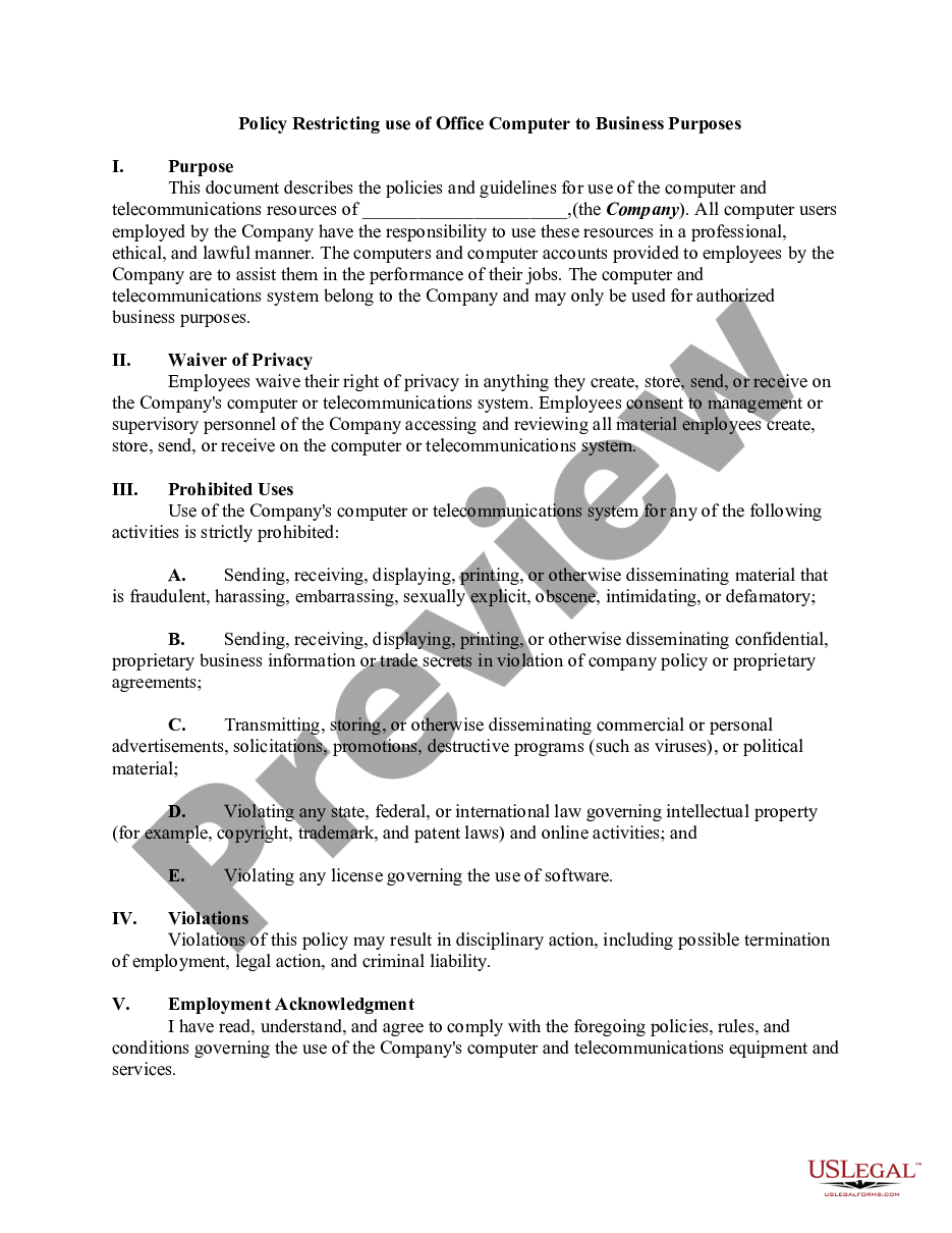 page 0 Policy Restricting use of Office Computer to Business Purposes preview