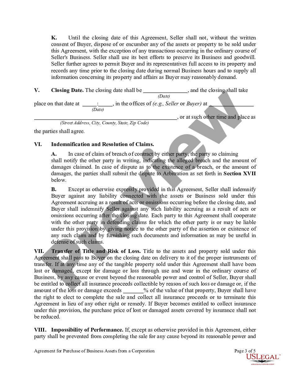 page 2 Agreement for Purchase of Business Assets from a Corporation preview