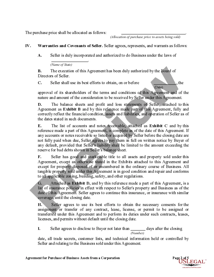 Get Agreement for Purchase of Business Assets from a Corporation Preview Agreement for Purchase of Business Assets from a Corporation