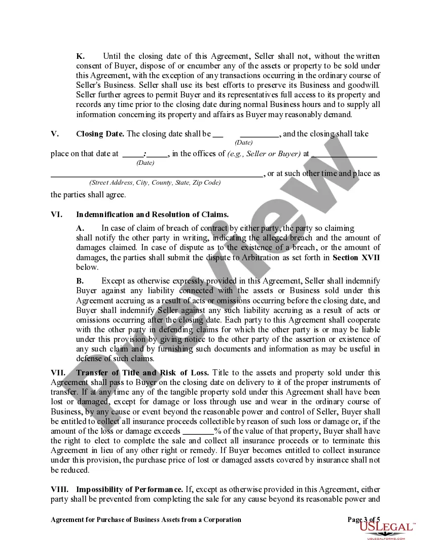 Get Agreement for Purchase of Business Assets from a Corporation Preview Agreement for Purchase of Business Assets from a Corporation