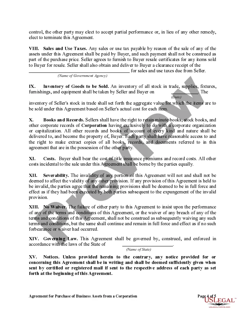 Get Agreement for Purchase of Business Assets from a Corporation Preview Agreement for Purchase of Business Assets from a Corporation