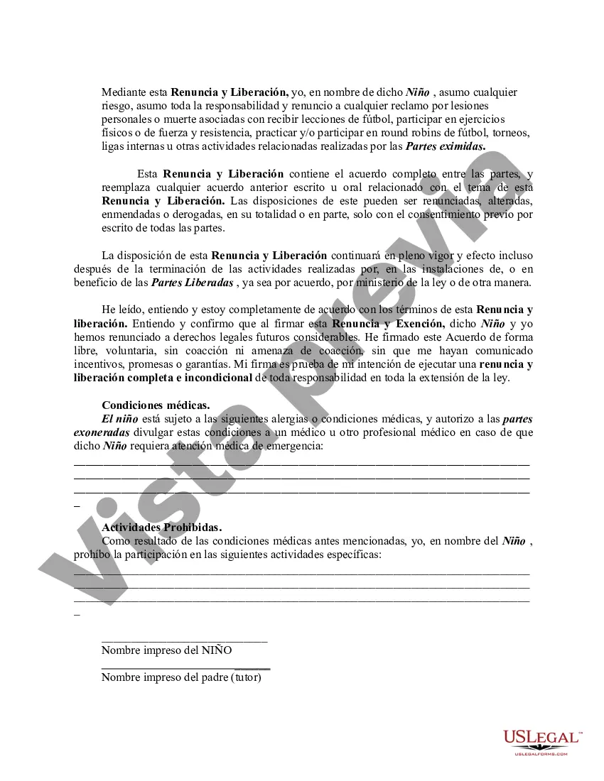 Preview Renuncia y liberación por parte del padre del menor de edad de responsabilidad y lesiones personales por entrenamiento de fútbol a favor de la organización de fútbol y los instructores