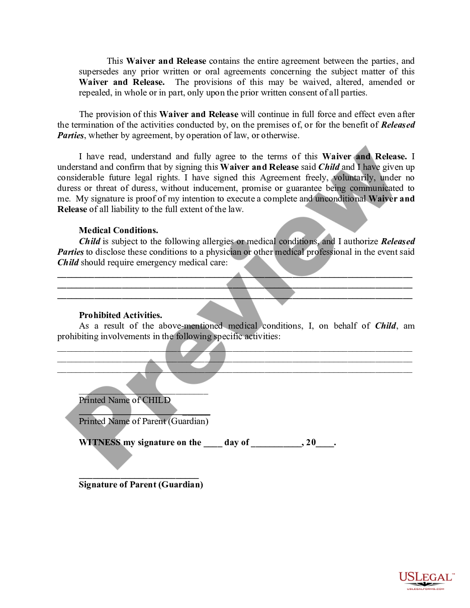 Waiver and Release by Parent of Minor Child from Liability