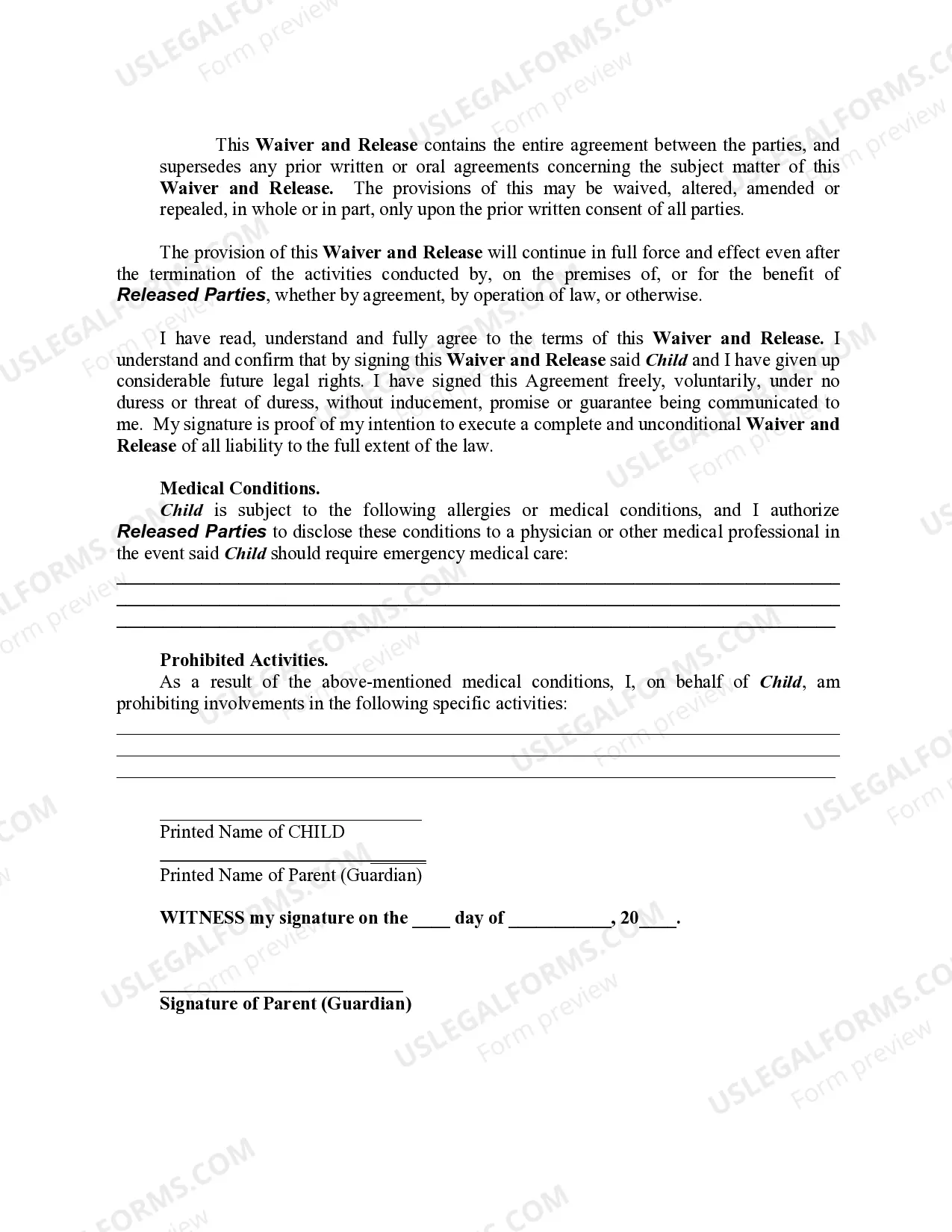 Preview Waiver and Release by Parent of Minor Child from Liability and Personal Injury for Soccer Training in favor of Soccer Organization and Instructors