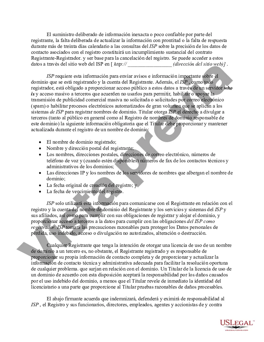 Preview Acuerdo para registrar un nombre de dominio con un proveedor de servicios de Internet