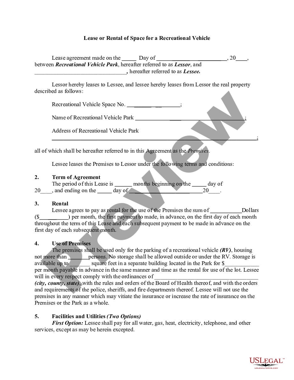 page 0 Lease or Rental of Space for a Recreational Vehicle preview