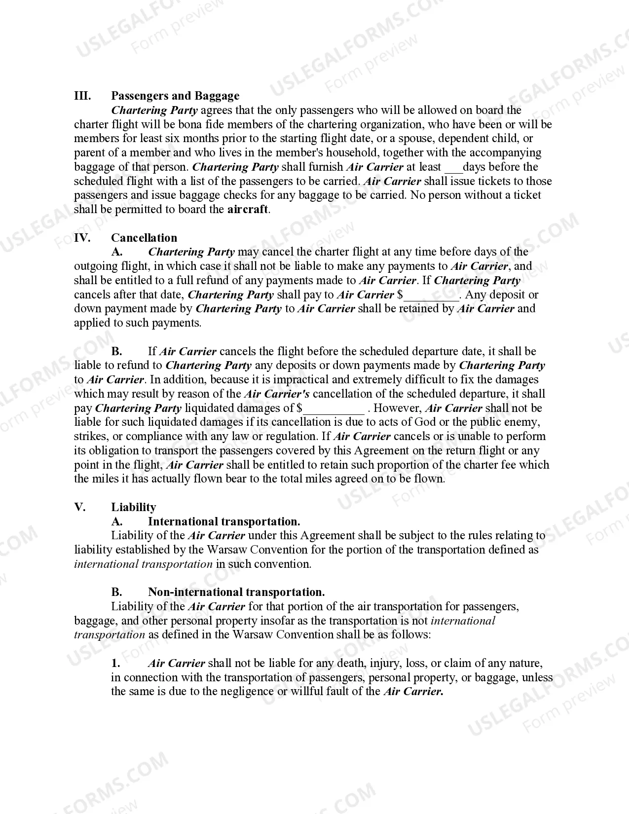 Preview Agreement to Charter Aircraft