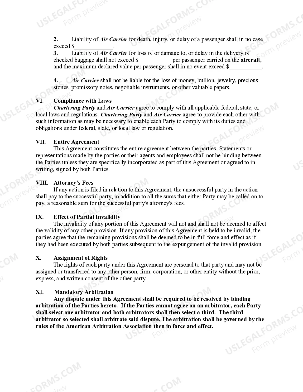 Preview Agreement to Charter Aircraft