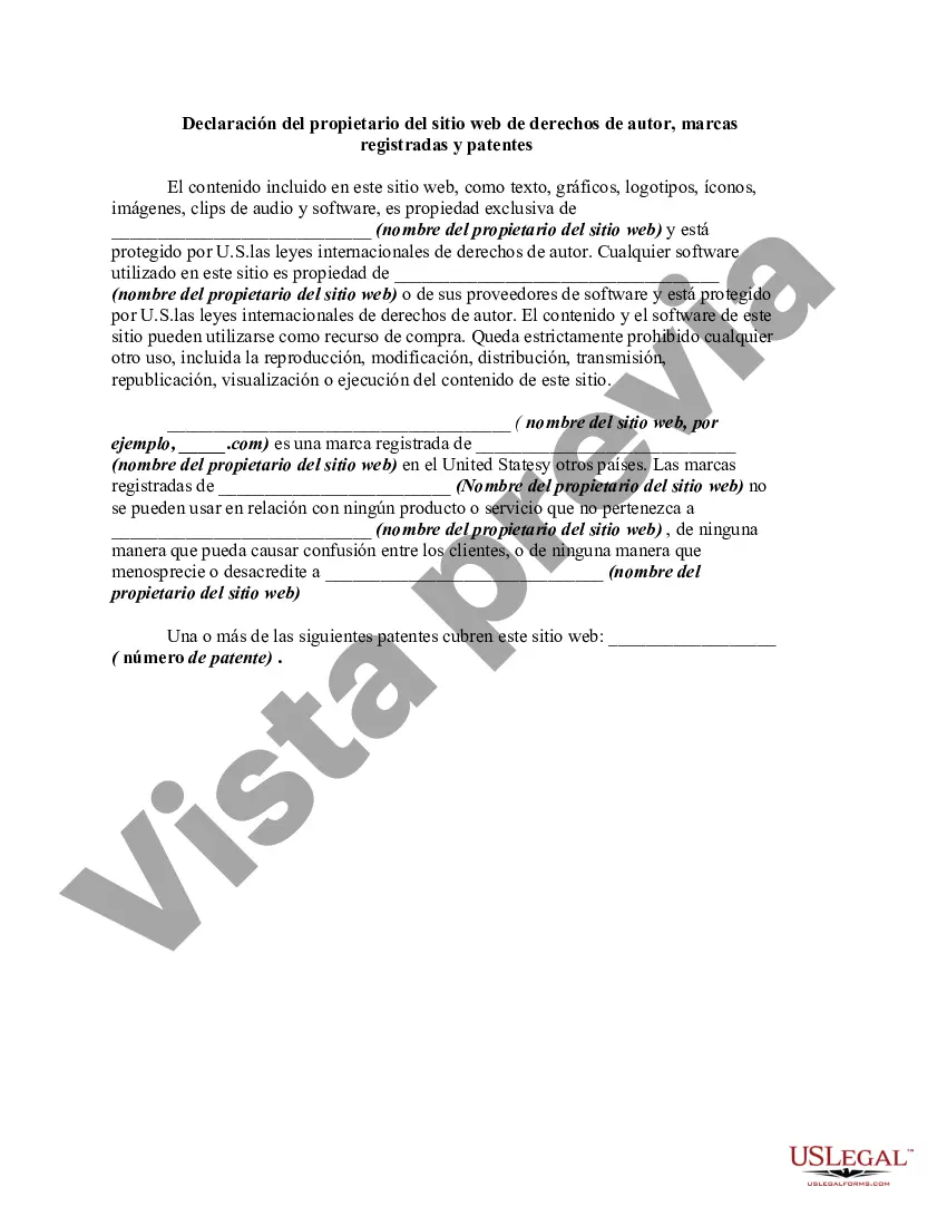 Preview Declaración del propietario del sitio web de derechos de autor, marcas registradas y patentes