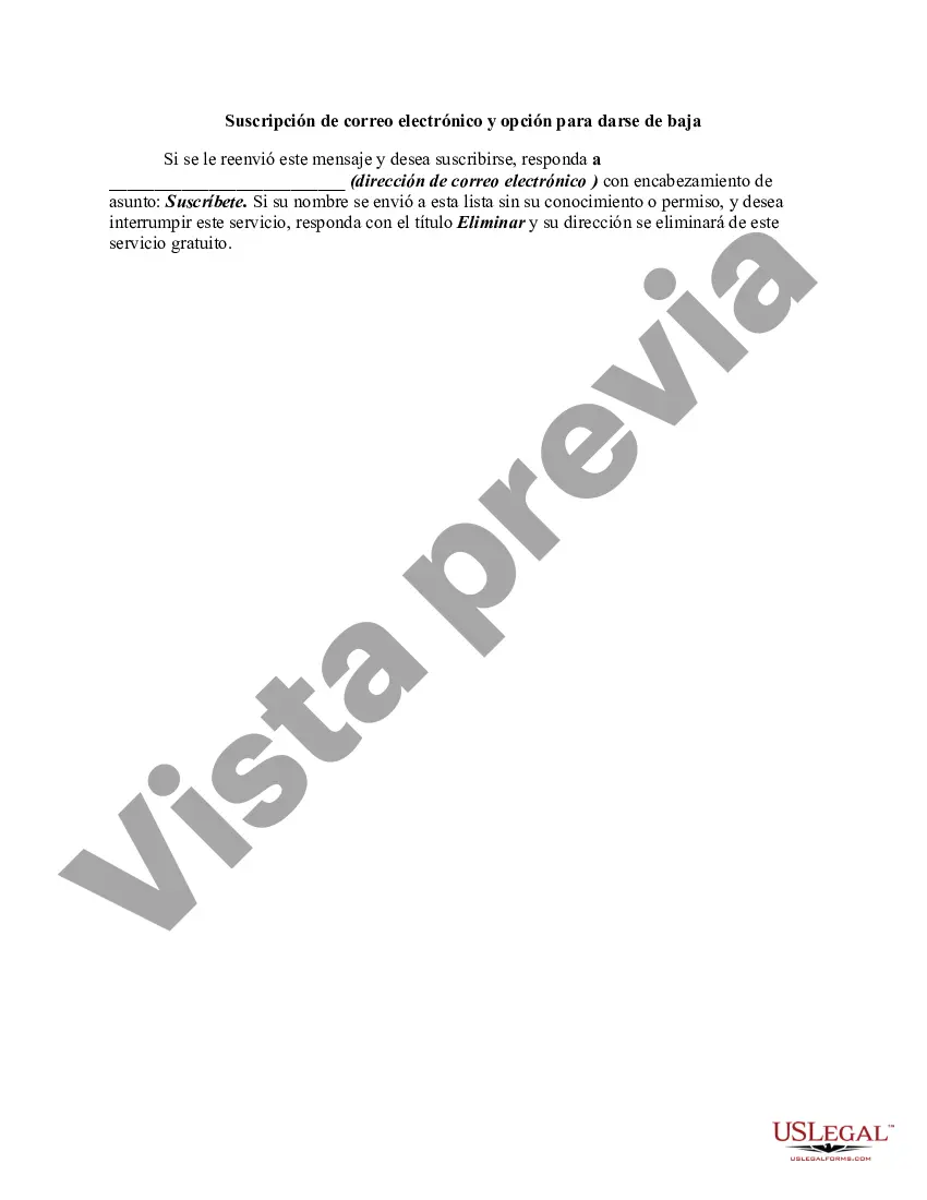 Preview Suscripción de correo electrónico y opción para darse de baja