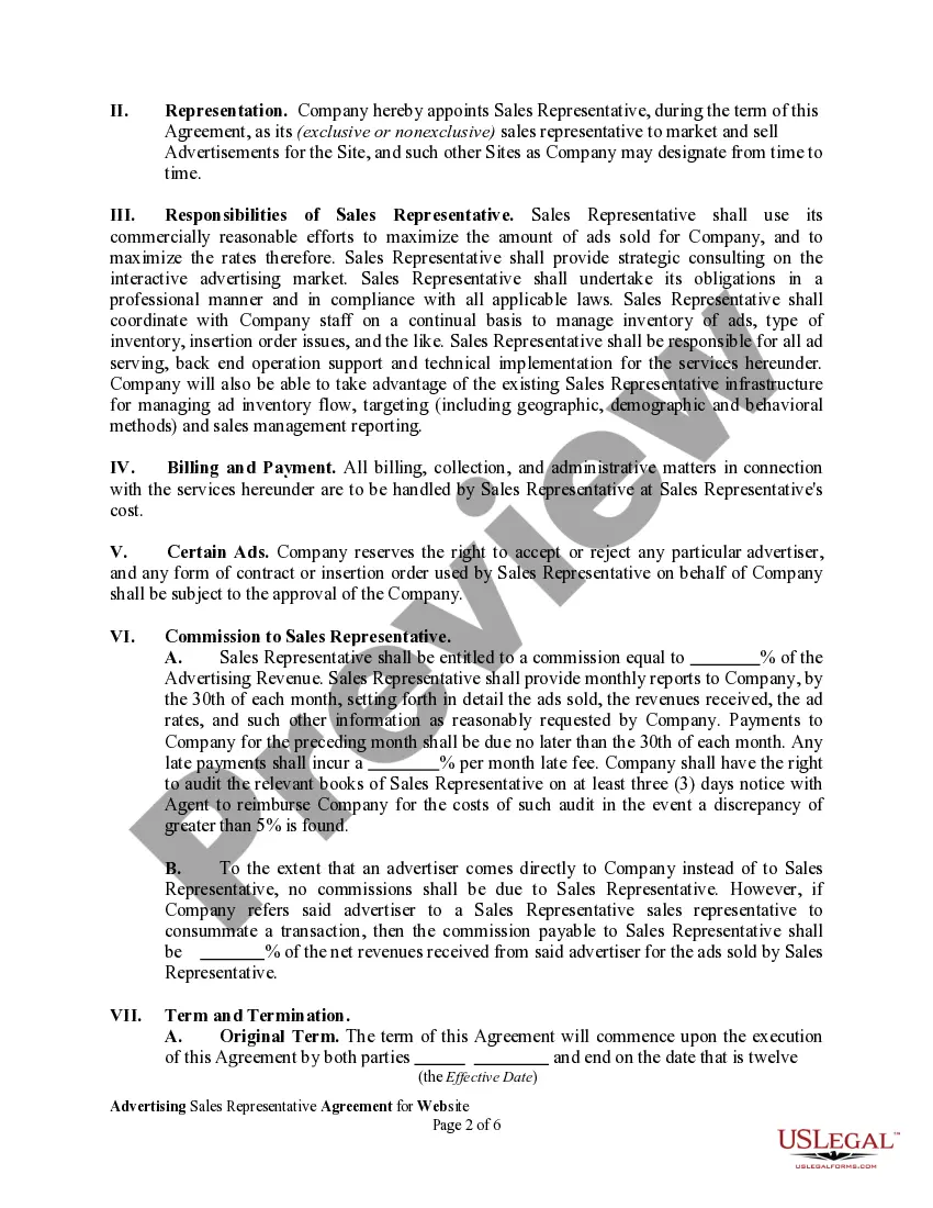 Get Advertising Sales Representative Agreement for Website Preview Advertising Sales Representative Agreement for Website