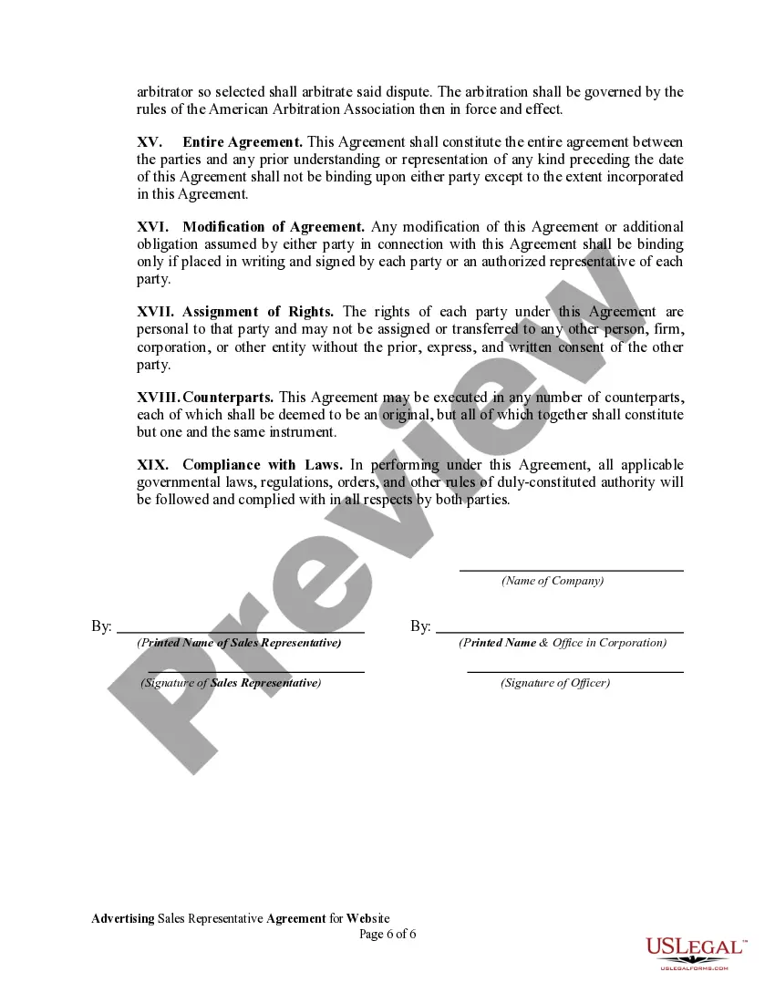 Get Advertising Sales Representative Agreement for Website Preview Advertising Sales Representative Agreement for Website