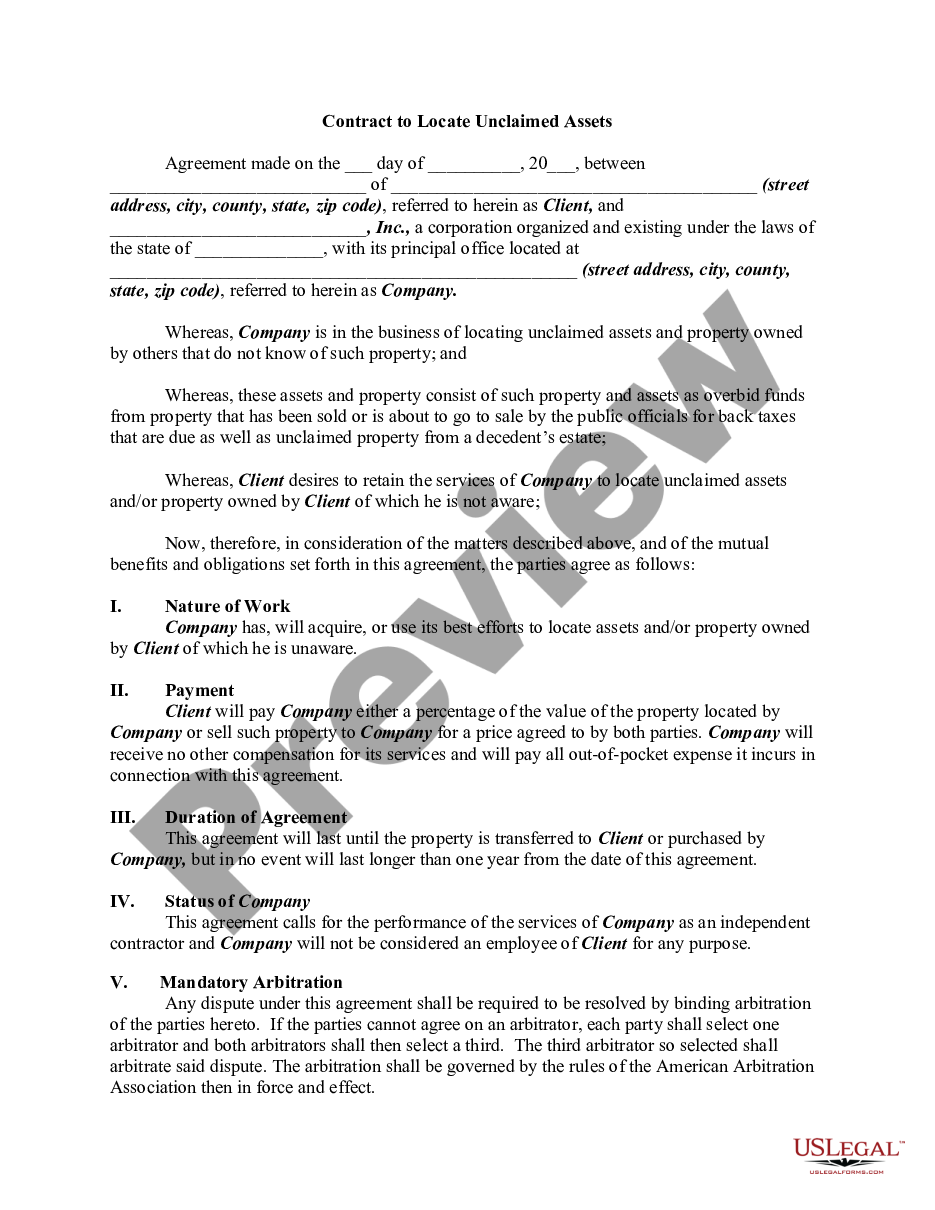 page 0 Contract to Locate Unclaimed Assets preview