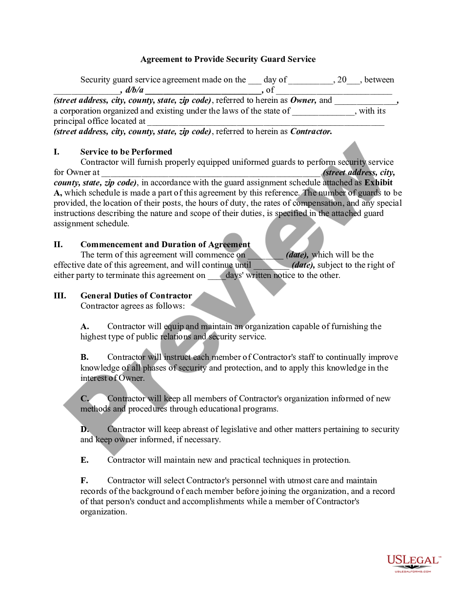 page 0 Agreement to Provide Security Guard Service preview