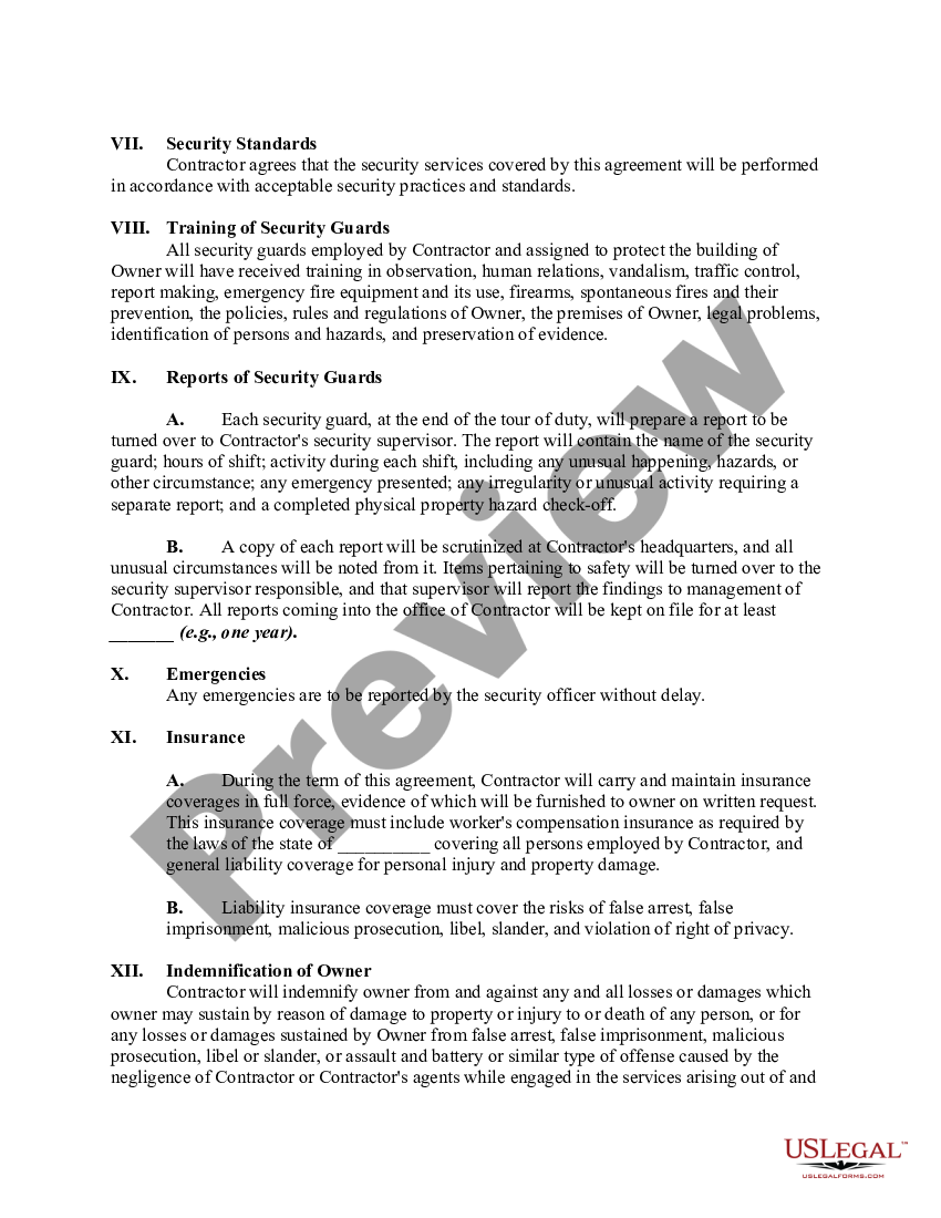 Agreement to Provide Security Guard Service Agreement Security Guard