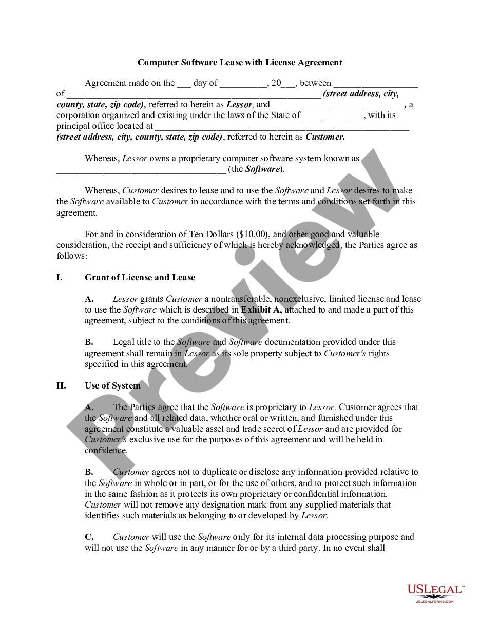 page 0 Computer Software Lease with License Agreement preview