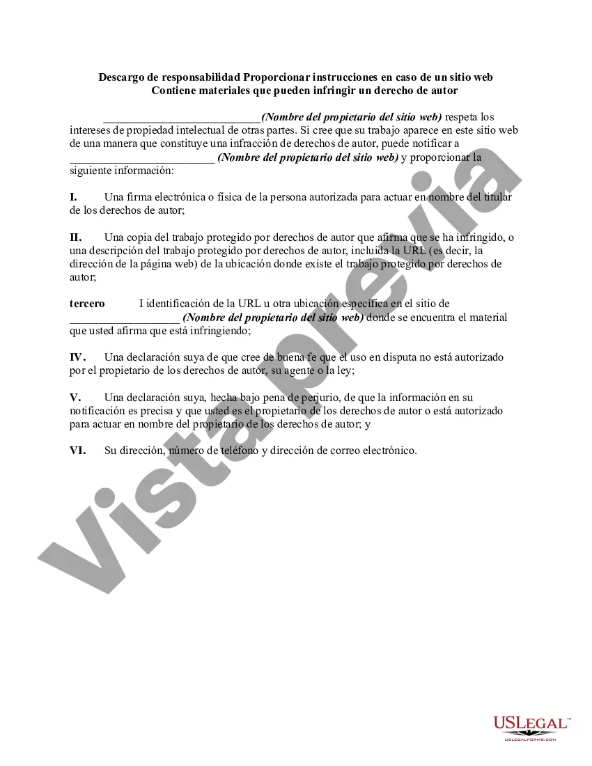 Preview Descargo de responsabilidad Proporcionar instrucciones en caso de que un sitio web contenga materiales que puedan infringir un derecho de autor