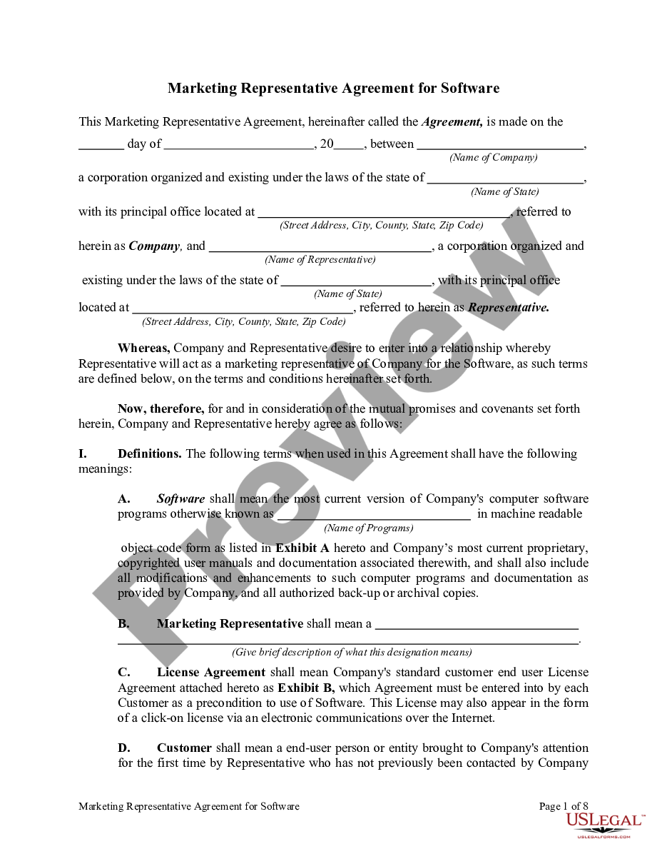 page 0 Marketing Representative Agreement for Software preview
