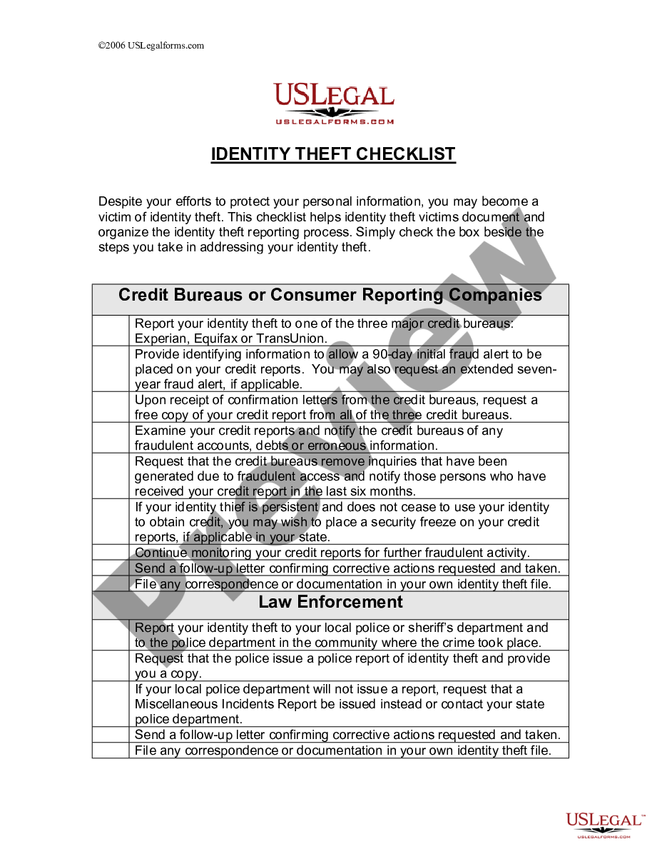page 0 Identity Theft Checklist preview