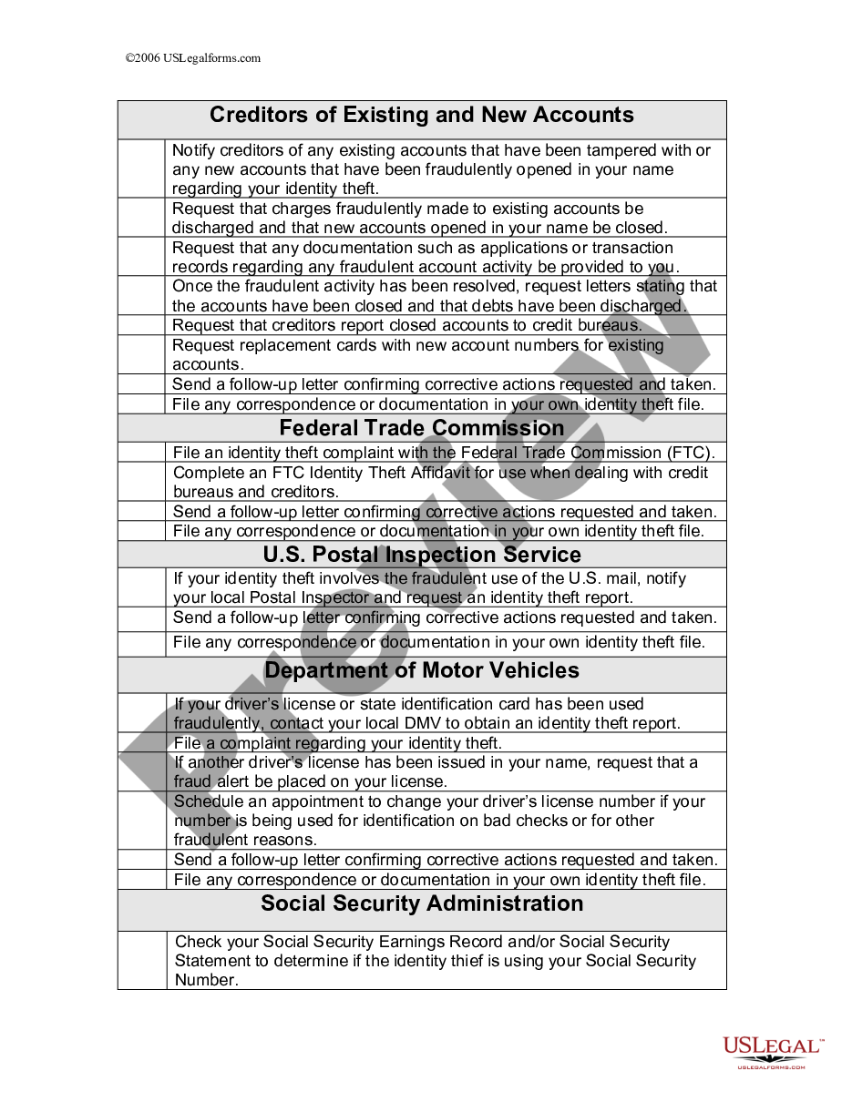 page 1 Identity Theft Checklist preview
